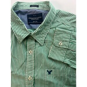 American Eagle Mens Shirt Sz XXL 2XL Green White Stripe Athletic Fit Cotton Logo